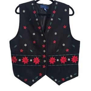 Karen Scott Vintage Christmas Vest Black Poinsettia Snowflake Embroidered Large